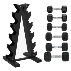 5-Tier Dumbbell Rack With 6 Hexagonal Rubber Dumbbells 2x4kg, 2x5kg, 2x6kg, Dumbbell Storage Stand Holder With Weights Sets For Home Gym Fitness, Black